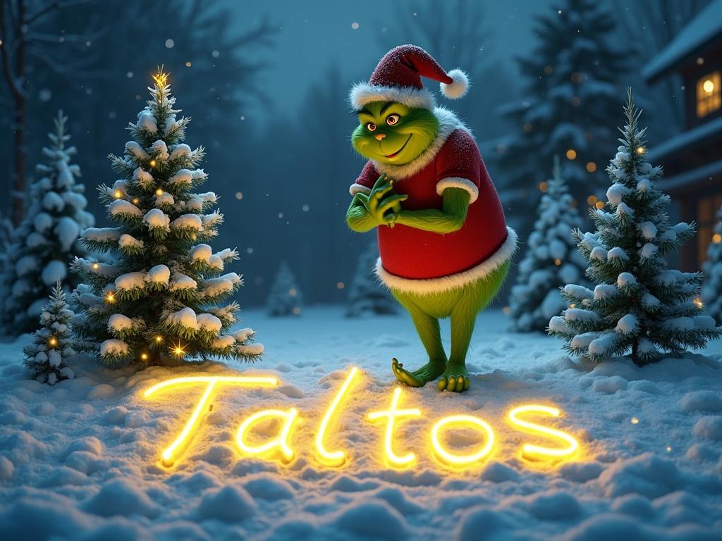 The Grinch in a red Christmas outfit writes Taltos in glowing letters in the snow. Trees covered in snow surround him. The scene is festive and magical with ambient winter lighting.