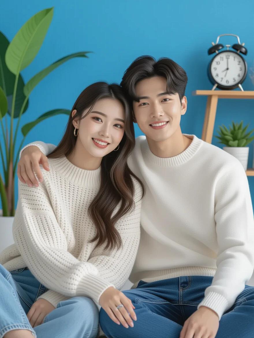 A young couple sits in a blue-painted room. The woman wears a cozy sweater and has natural makeup. The man is dressed in modern Korean fashion. They are seated together on the floor. Plants and a clock decorate the background.