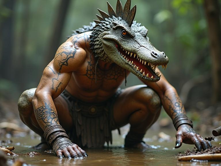 A male Mayan warrior depicted as the crocodile spirit. Muscular figure painted in earthy tones simulating scales. Aggressive symbols on chest and arms. Jagged belt and leather fangs are worn. He wears a headdress adorned with crocodile teeth. Crouching in a swampy environment full of bones and mud. Smoke rises, creating a mysterious atmosphere. Head resembles a plume.