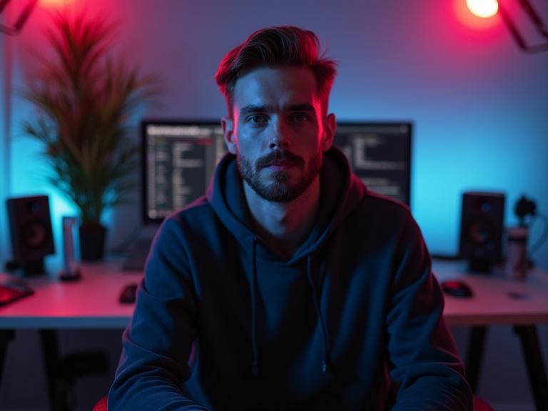 A professional YouTuber poses in his workspace. Soft LED lights illuminate the room. He gazes directly at the camera. The setup features computers and speakers in the backdrop.