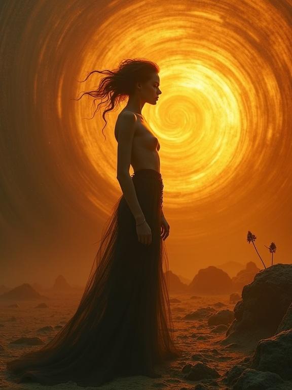 A figure stands in a surreal landscape. The scene has swirling patterns in the background. The lighting is warm with amber and gold colors. The figure's expression shows deep emotion. The composition highlights a stark contrast between the figure and background.