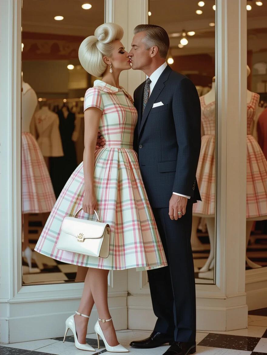 Portrait of a fashionable couple in a vintage boutique. Woman has blonde beehive hair and wears a pastel plaid dress. She carries a shiny white purse. Man in a suit beside her. Elegant boutique decor in the background.