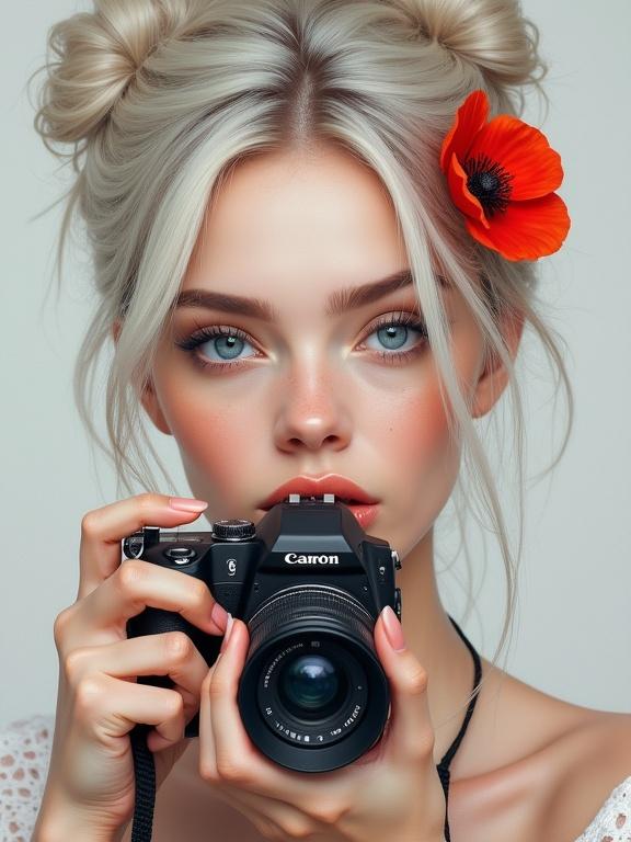 Close up portrait of a woman with blue eyes, holding a camera. She has white messy updo hair and a red poppy flower in her hair. Clear skin and red poppies on her skin. Neutral background with studio lighting and soft shadows.