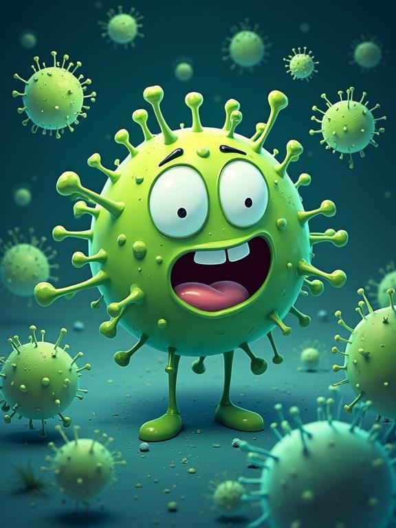 Microscopic germs swarm around an anxious cartoon character. Green and blue background. Fun animated style with magnified details.