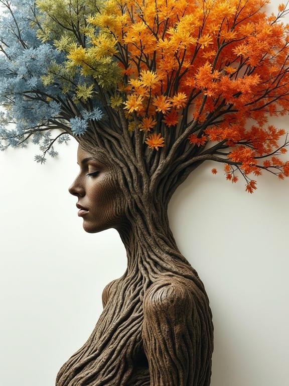 3D art blending natural elements with human form. Female torso represents seasons. Tree branches depict spring, summer, autumn, winter. Vivid seasonal traits and bark textures. Fantasy concept of life and time.