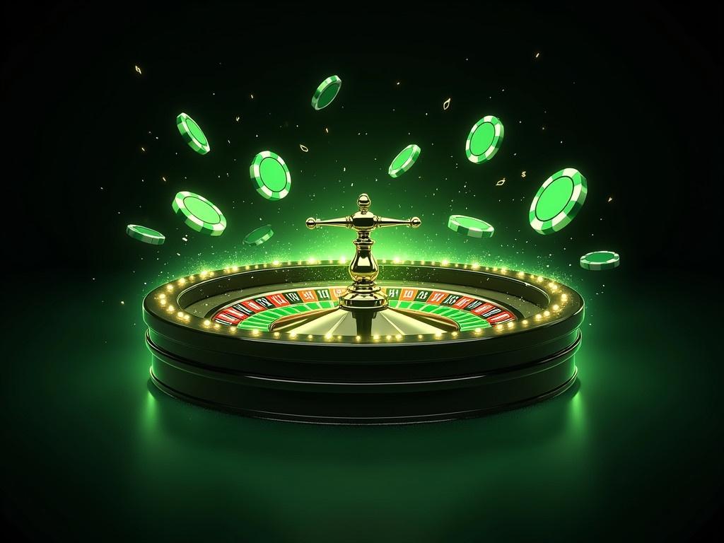 Create a high-resolution image featuring a vibrant, glowing roulette wheel. The wheel should be accompanied by several colorful casino chips in mid-air, spinning around it. Add dynamic sparks and light trails to emphasize the excitement of gambling. Use green and black colors predominantly, representing luck and casino vibes. The background should be dark to make the elements stand out vividly. Ensure the details are sharp and visually engaging.