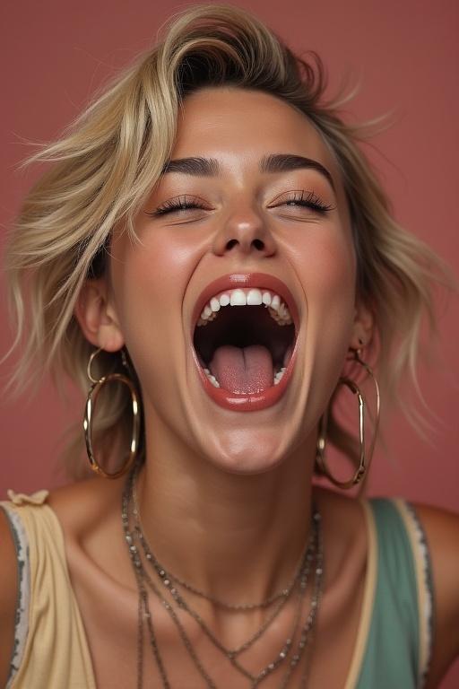 A woman laughing with an open mouth, showcasing a joyful expression. Short blonde hair styled in loose waves. Wearing hoop earrings and layered necklaces. Background in soft coral color. Soft lighting highlights her facial features.