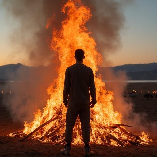 A vibrant scene at the Burning Man festival with a large bonfire. A person stands in front of the burning flames. Night setting with a gathering in the background. Bright colors and dramatic lighting enhance the atmosphere.