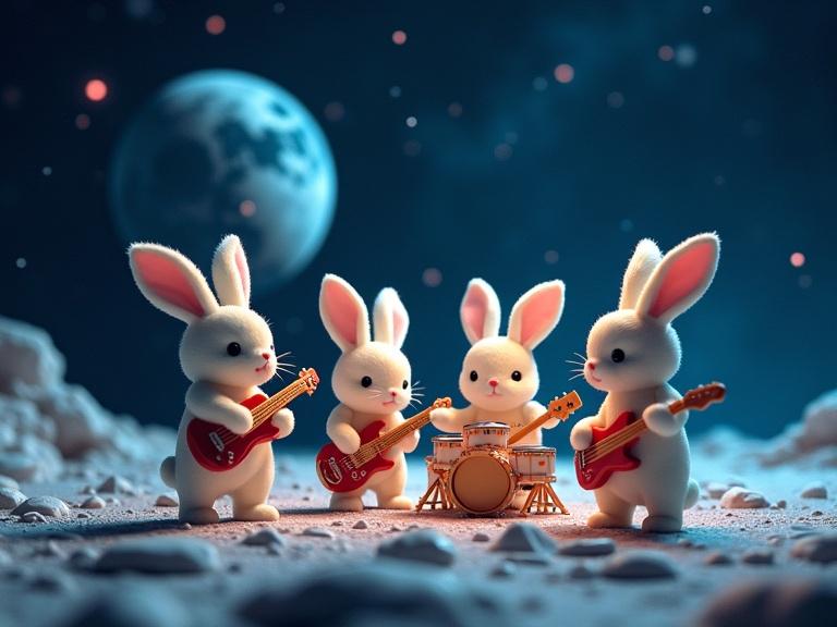 A band of adorable toy rabbits performs on the moon. They play guitars, drums, and keyboards. The background features a star-filled sky and Earth. Concert lights add vibrancy to the scene.