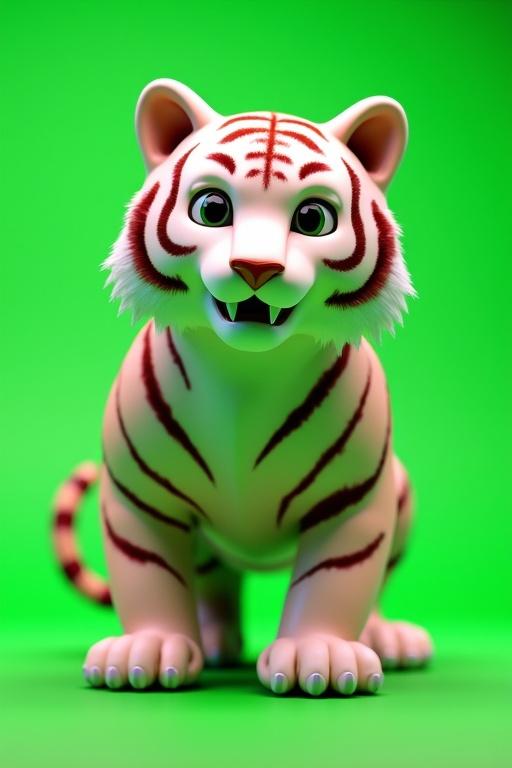 3D animated character of a tiger with a green background. The tiger has a playful and friendly design, with distinct red stripes.