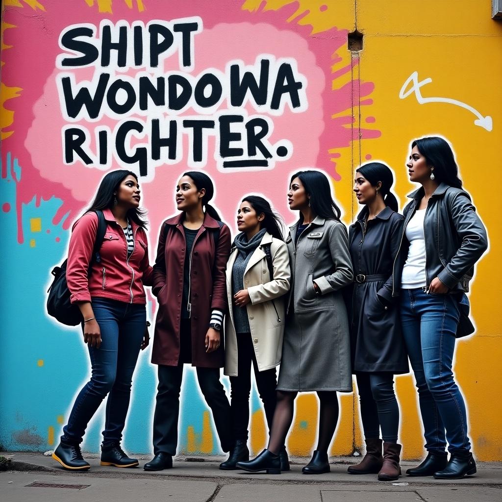 A group of women stands in front of vibrant graffiti. The mural supports women's rights. The style resembles Banksy's work. The background is colorful and lively.