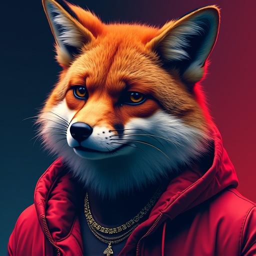 Close-up shot of a rapper with a fox mask. The fox has vibrant orange fur. The rapper wears a red hoodie and gold chain. Background has a gradient effect, adding a dramatic flair.