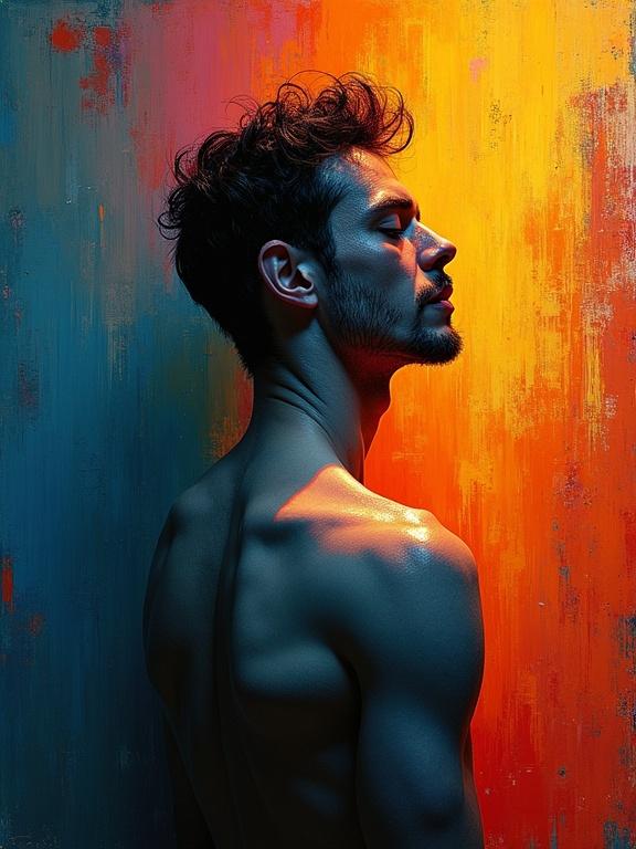 Profile of a man with curly hair against a colorful textured background. Dramatic lighting highlights the contours of his body. The image is evocative and artistic, showcasing thick layers of paint and a cinematic feel.