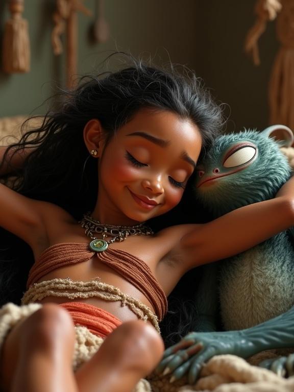 Hyperrealistic photo of a tribal young girl with long flowing hair and shiny skin relaxing with a friendly alien monster. The girl is wearing a tattered loincloth, has her arms behind her head, and a joyful expression. The alien monster lies with its head on her thighs exuding a protective aura, set in a cozy environment.