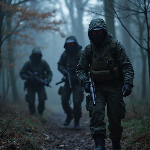 Figures playing paintball in a forest. A demon emerges from the trees in the background. Twilight lighting creates a haunting atmosphere. The scene is filled with tension and adventure.