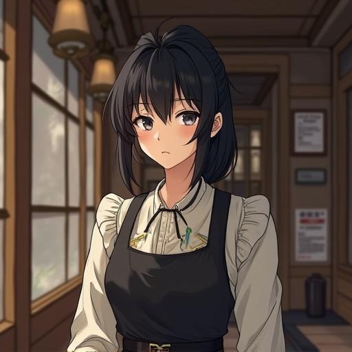 A character design for an innkeeper lady in a Japanese RPG. She has black hair tied back. The setting reflects a Scandinavian medieval period atmosphere. The character has a thoughtful expression.