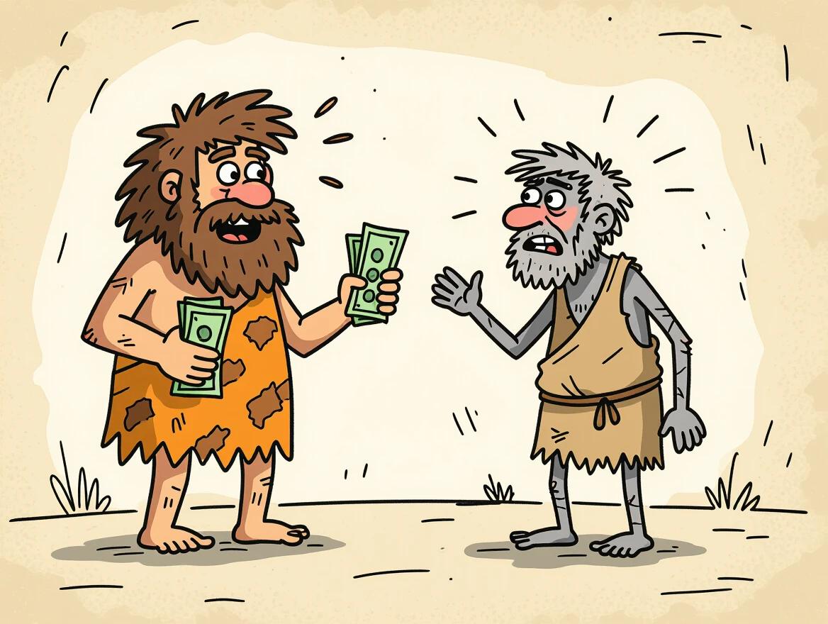 Caveman-style drawing two figures one well-dressed holding money other ragged clothes. Wealthy makes mistake applauded poor scolded. Simple stick-figure style white background primitive cave-art texture.