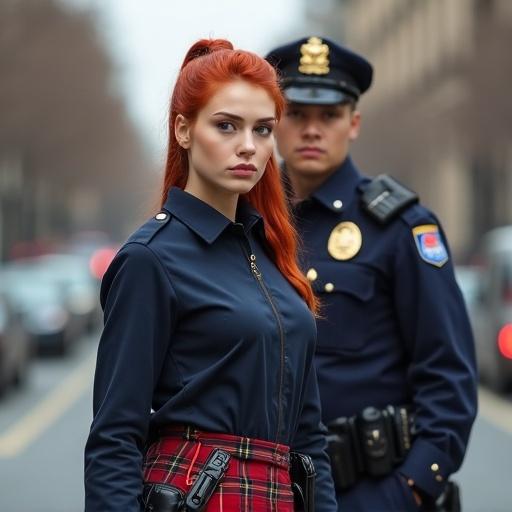 Attractive young woman in tartan skirt is arrested by police officer. Serious-looking female police officer stands confidently in uniform with badge and utility belt. Striking red hair in ponytail. Blurred city street in background. Sharp and alert eyes reflect strength and determination.