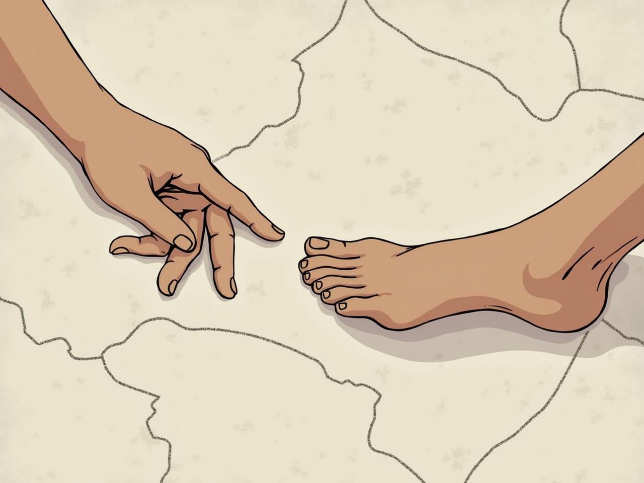 The image features a close-up illustration of two feet reaching out toward each other. On the left side, there is a human hand reaching forward, while on the right, a human foot extends toward the hand. The feet are drawn with detailed texture, showcasing the contours and lines of the skin. The background is minimalistic, with a cracked surface, adding a sense of depth to the composition. The overall tone of the illustration is muted, using earthy colors that create a serene atmosphere.