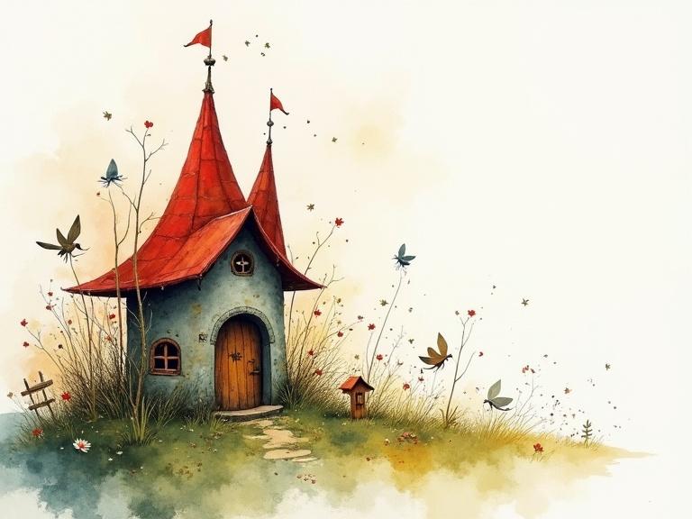 Pixie house with pointed roofs in a magical landscape. Surrounded by flowers and birds. Blends multiple artistic styles with watercolour techniques. Contains playful elements for children. Ethereal and cinematic appearance.