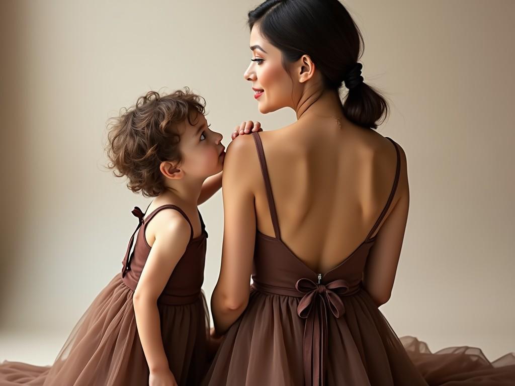 The image depicts a mother and her young daughter sitting gracefully together, both wearing matching brown dresses with elegant bow details. The daughter's gaze is lovingly directed at the mother, who sits with a gentle smile. The soft lighting and neutral background create a warm and intimate atmosphere, highlighting the bond between the two.