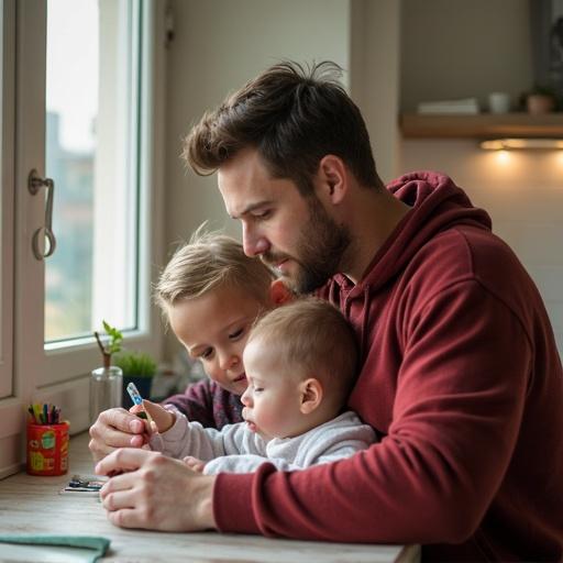 Young parents interacting with children during an activity at home. Natural light from window creates a warm ambiance. Casual setting with a focus on familial connection.