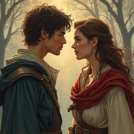 Detailed illustration featuring a young woman with short brown hair and brown eyes positioned between two handsome young men in a medieval fantasy landscape. The scene conveys emotions of fantasy and drama with a focus on the characters' interactions.