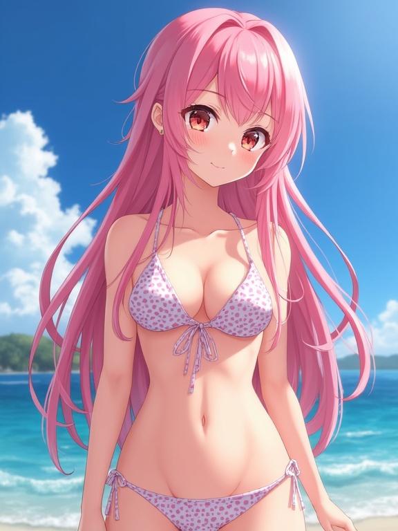Anime girl with pink hair wearing a bikini at the beach. The background features a sunny seaside with clear skies and ocean waves.