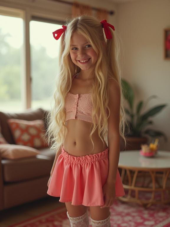 Young girl with long blonde hair styled in twin tails with bows. She stands in a lively living room. She's smiling and wears a crop top with a very short skirt. The decor is vibrant and there's natural sunlight coming through the windows.
