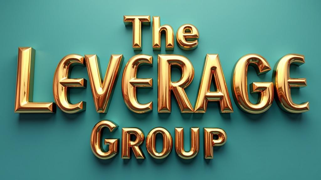 The image features chrome bold capital 3D letters that spell The Leverage Group. The letters shine with reflections of gold and teal light. There is no background. The design evokes elegance and sophistication. The letters are three-dimensional and highly reflective. All words are in one row, creating a luxurious contrast.