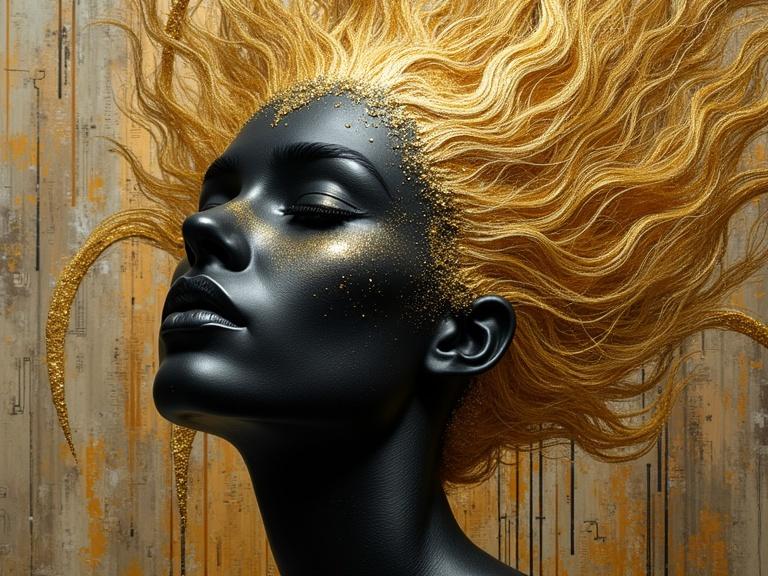 Headshot of a model with black mask and gold hair. Hair appears voluminous and dynamic. Background includes architectural elements in browns and golds. Artistic, luxurious composition with mixed media influences.