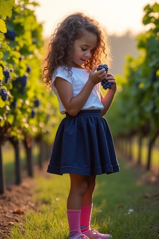 A 10-year-old girl inspects grapes in a vineyard. She has long curly dark brown hair. Outfit includes a short white top and a dark blue skirt. There are pink ankle socks and shoes. The scene takes place during a sunny late summer evening among lush blue vines. Captured by DSLPhotography.