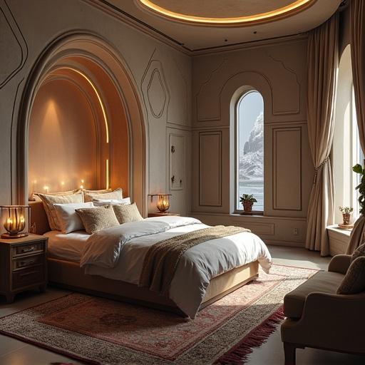 A cozy bedroom with a modern design. Soft lighting creates a warm atmosphere. A view of mountainous terrain from the window. Elegant bed with pillows and blankets. Room features artistic architectural details.