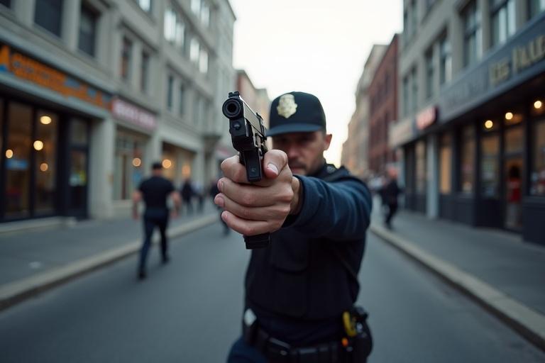 Police body camera perspective. Officer aims gun towards a suspect who is running away. Urban street scene with a blurred background. Law enforcement activity depicted.