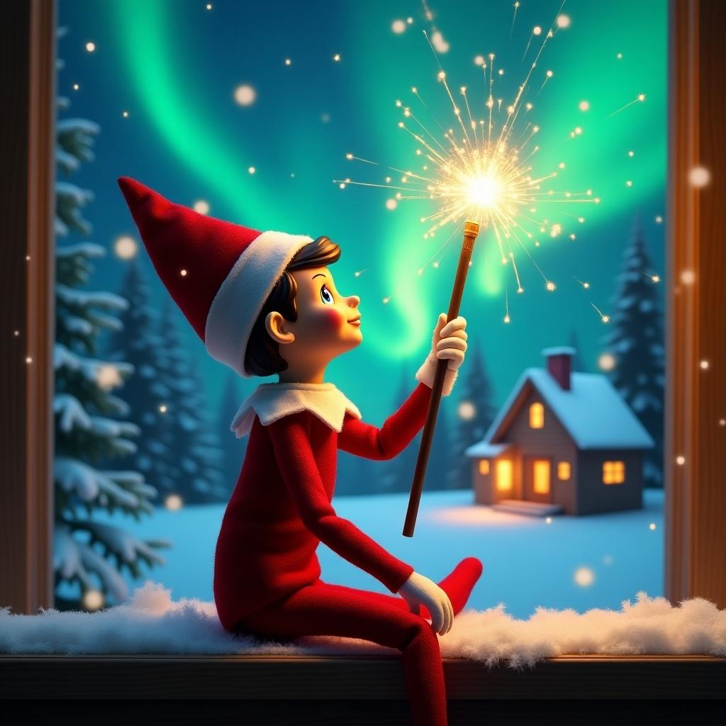 An elf with its back to the viewer gazes skyward. The elf holds a glowing wand. A Christmas scene with colorful northern lights is visible. A cozy house is in the distance. Snow blankets the ground. The elf symbolizes Christmas magic. Words ‘Arthur, Poppy & Harriet’ appear from the wand.