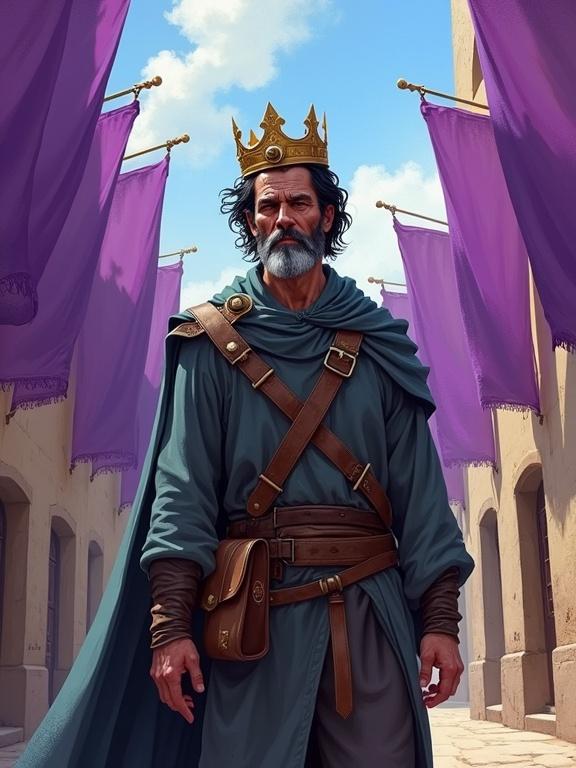A 40 year old man with black hair and gray streaks wears a simple crown and travelers’ clothes. He has an expression of determination and exhaustion. He stands in a colorful alley with purple banners in the wind. The art is digital and semirealistic with a soft brush style. It features medieval elements, contrast, and thick outlines. The background fades into watercolor splashes.
