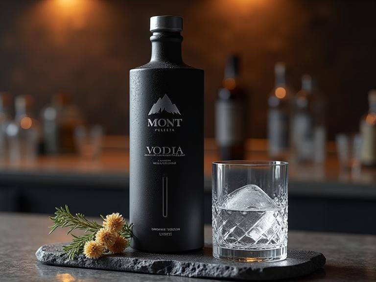 A hyper-realistic studio-quality photograph of Mont Black vodka. The tall black bottle features minimalist platinum branding. It sits on a wet stone slab beside a crystal glass with ice. The background shows a blurred beach bar with warm lighting. The overall mood conveys luxury and sophistication.