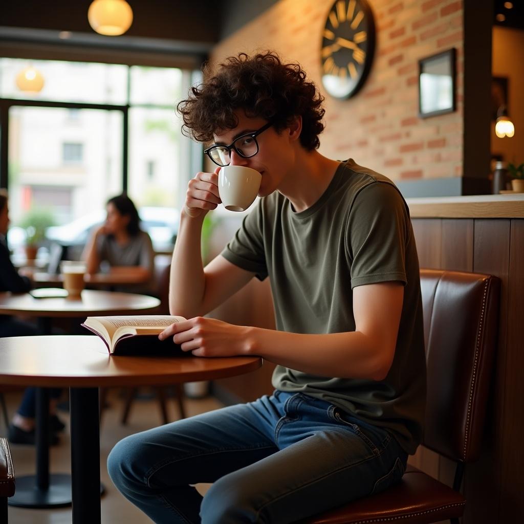 A young man with curly hair sits comfortably in a cozy cafe, holding a cup of coffee. He is reading a book, deeply engaged with the content. The cafe has a warm ambiance with modern decor and soft lighting. In the background, other patrons can be seen enjoying their time, contributing to a relaxed atmosphere. The scene captures the essence of leisurely reading and the enjoyment of coffee.