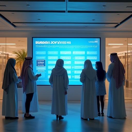 Futuristic Saudi school scene with students and parents interacting with digital screen displaying Maarif Vouchers. Highlight modern architecture. Use blue and gold color palette with soft lighting. Capture in wide-angle high resolution.