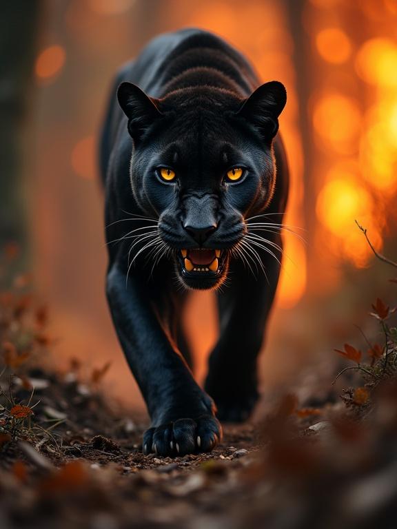 A panther with a fierce expression walks towards the camera. The background shows a burning forest. The panther has intense eyes and visible spots. It moves stealthily through a dark forest.