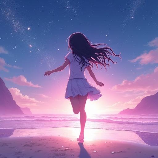 Anime-style girl with long hair wearing a white skirt running on beach. Night sky with stars and mist. Ethereal and romantic atmosphere.