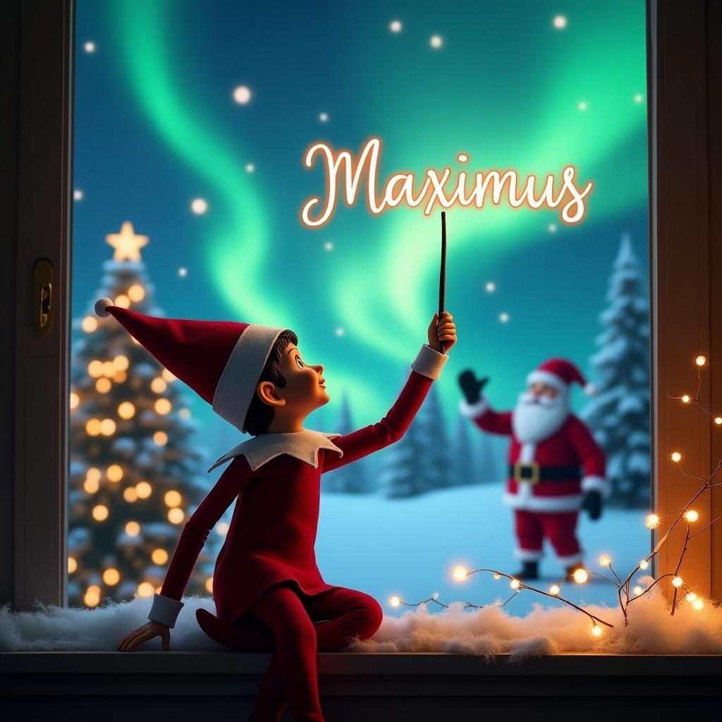 An enchanting Christmas scene featuring an elf on the shelf, positioned with his back to the viewer. He's using a wand to write 'Maximus' in the night sky. The background glows with magical northern lights, casting a vibrant ambiance over the snowy landscape. In the distance, Santa Claus is depicted, engaging with the festive atmosphere. The setting is cozy, adorned with twinkling lights and a decorated Christmas tree, evoking feelings of joy and wonder during the holiday season.