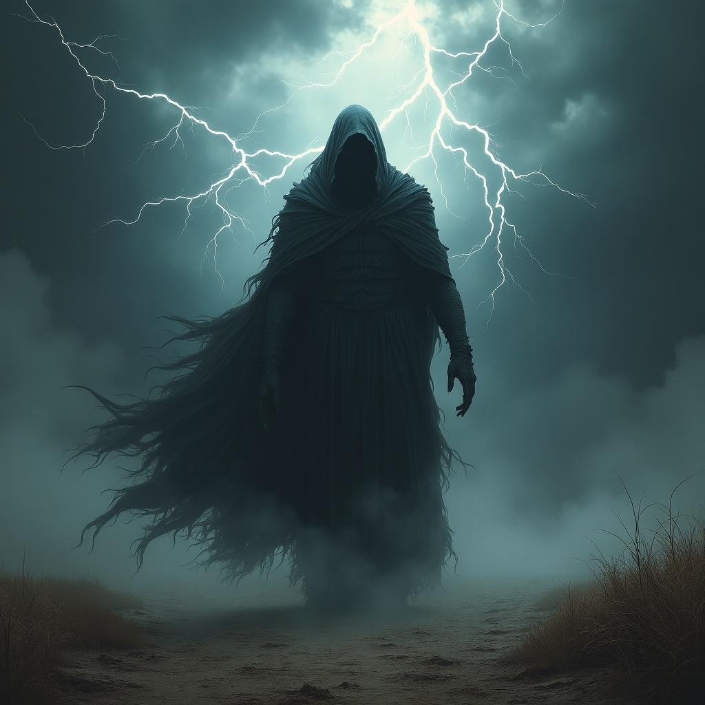 A dark, shadowy figure in a hooded cloak surrounded by storm clouds and lightning. An ominous atmosphere surrounds the scene, creating a sense of dread and terror.