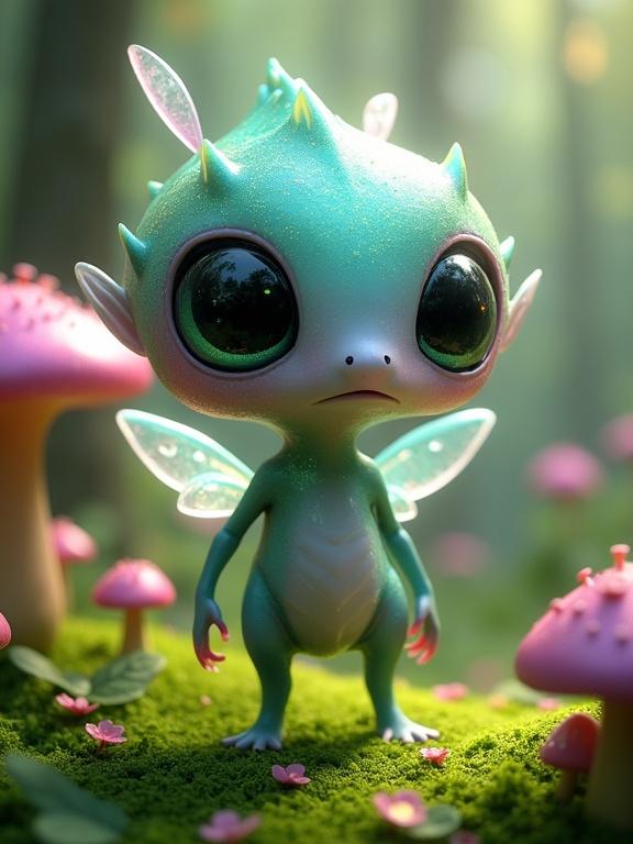 The image features a fantastical creature with an alien-like appearance. It has a bulbous head and shimmering, iridescent surface. The creature has large glossy black eyes, a slender body with a gradient of teal to lavender, and translucent wings. Surrounded by pink and purple mushrooms in a lush forest.