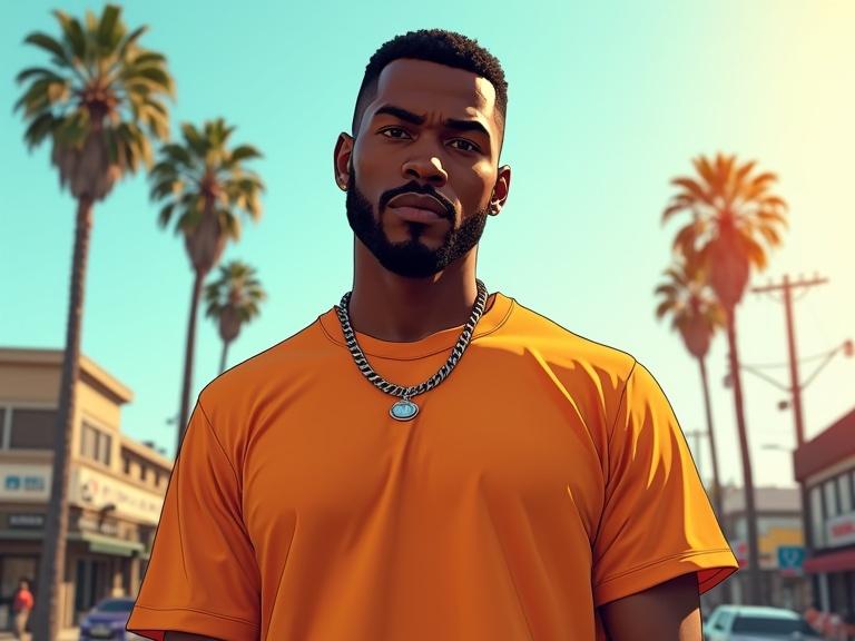 A Black male rapper stands confidently on a Los Angeles street. The scene depicts the GTA video game style. Sunlight shines brightly from the right side. He wears a plain orange t-shirt. The background has palm trees and urban elements typical of Los Angeles. The image features bold outlines and vivid colors.