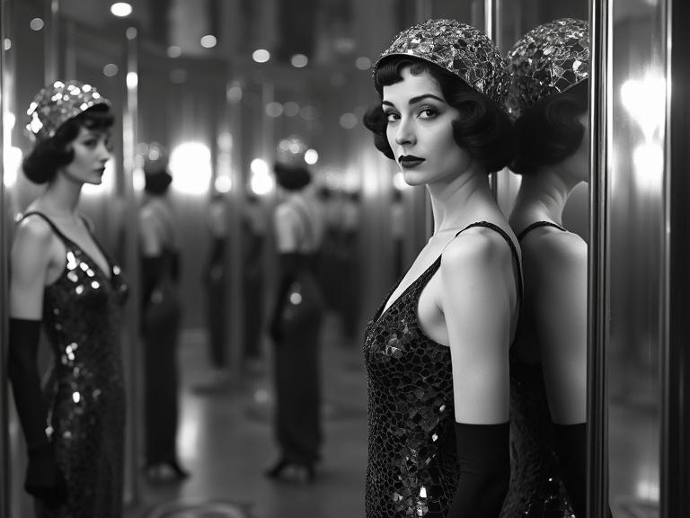A film actress stands in a mirror maze. She wears an Art Deco gown with geometric mirror shards. Black opera gloves and a mirrored cap complement her look. She leans against a mirror and turns slightly toward the camera. Reflections create infinity. Dramatic lighting adds a kaleidoscopic effect. Monochrome tones highlight elegance. The mood is contemplative and confident.