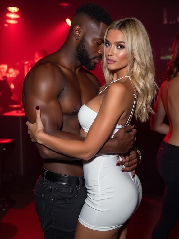 A close-up of an attractive couple in a nightclub. They embrace each other warmly. The woman has mid-length blonde hair and wears a white bodycon dress. The man's physique is muscular. Dim red lighting sets the mood.