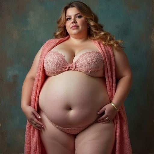 Portrait of a young woman embracing her body. Soft lighting highlights features. She wears a lace bra and matching underwear. A flowing wrap adds elegance. Background features a textured surface. Appears confident and serene.