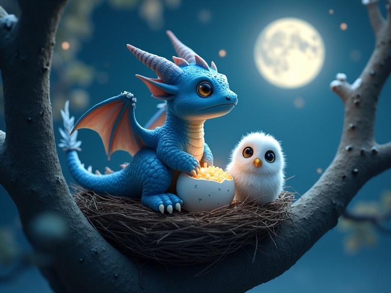 A cute blue dragon hatching from its egg. The dragon is in a nest with fluffy snowy owl chicks. The owls look shocked seeing the dragon. It is a starry night. A full moon shines. The nest is in a fork of an old tree. The scene features whimsical and detailed fantasy elements.