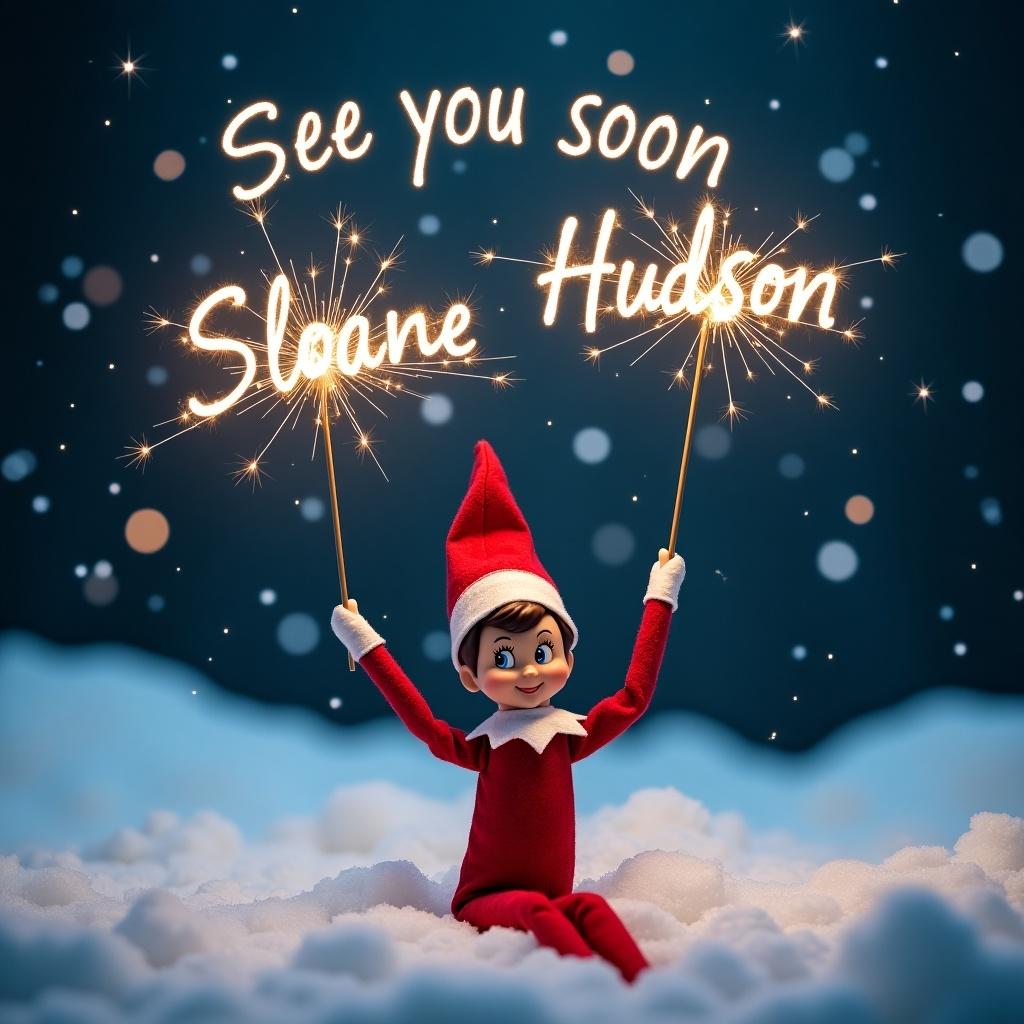 A charming Elf on the Shelf character is cheerfully posed in a snowy landscape at night. The elf is dressed in traditional red and white attire, seated amid fluffy white snow. In both hands, it holds sparklers that create shimmering light spells in the air. Above it, in a whimsical font, the message 'See you soon Sloane Hudson' glows beautifully against a dark blue sky filled with soft, glowing snowflakes. This enchanting scene captures the magic and joy of the holiday season, perfect for children's stories or festive decorations.